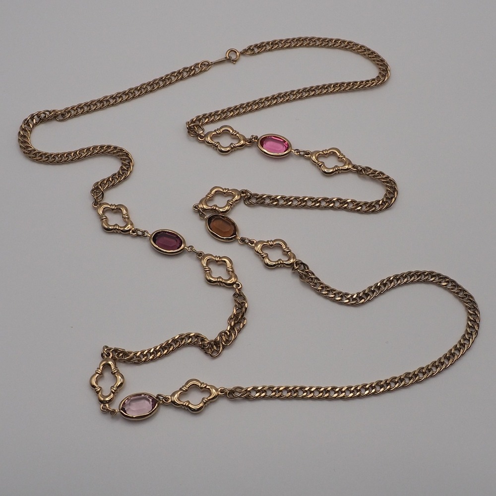 Avon Necklace Pink Purple Amethyst Station Long Curb Chain Gold Tone Vintage 80s